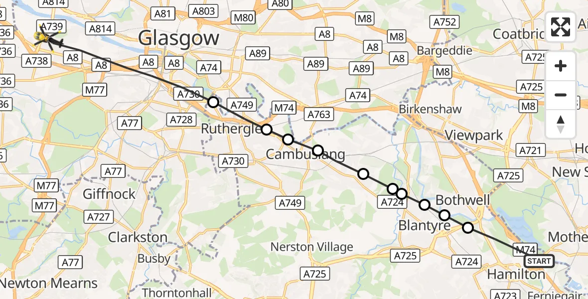 Flight route Police Helicopter Hamilton - Glasgow, 24 October 2026, 10:06