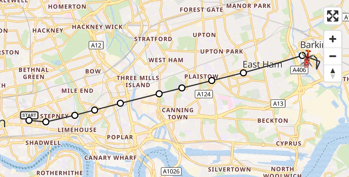 Flight route Air Ambulance Helicopter Royal London Hospital - Barking and Dagenham, 24 October 2026, 10:11