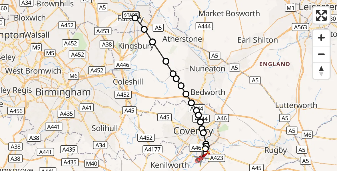 Flight route Air Ambulance Helicopter Tamworth - Warwick, 24 October 2026, 10:15