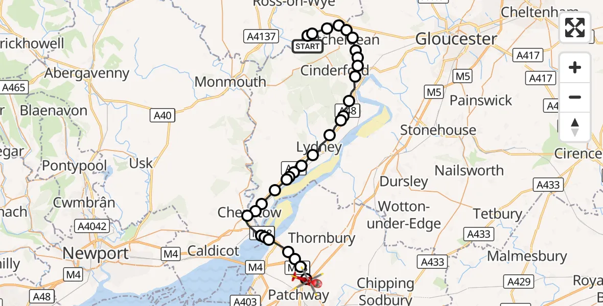 Flight route Air Ambulance Helicopter Ruardean - Almondsbury Helicopter Base, 24 October 2026, 10:17