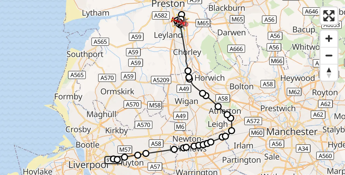 Flight route Air Ambulance Helicopter Knotty Ash - Leyland, 24 October 2026, 10:27