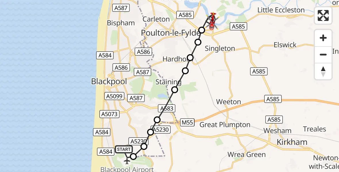 Flight route Air Ambulance Helicopter Blackpool Airport - Little Singleton, 24 October 2026, 10:32