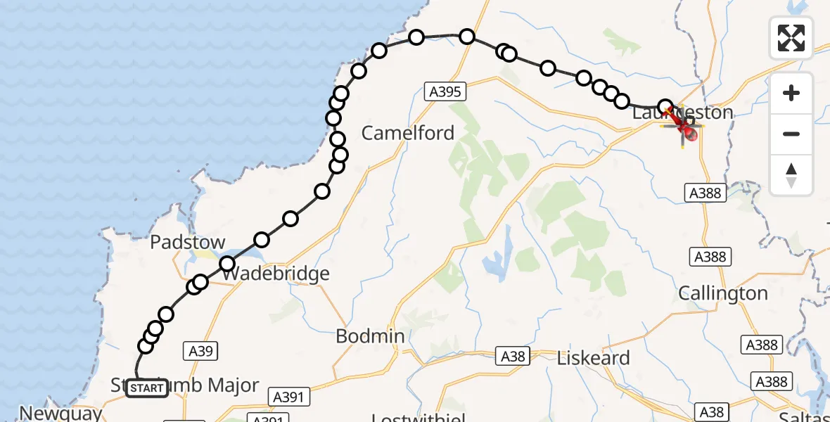 Flight route Air Ambulance Helicopter Cornwall Airport Newquay - Launceston, 24 October 2026, 10:52