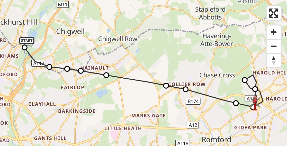 Flight route Air Ambulance Helicopter Buckhurst Hill - Gidea Park, 24 October 2026, 10:58