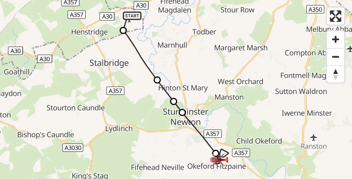 Flight route Air Ambulance Helicopter Henstridge Airfield - Okeford Fitzpaine, 24 October 2026, 11:01