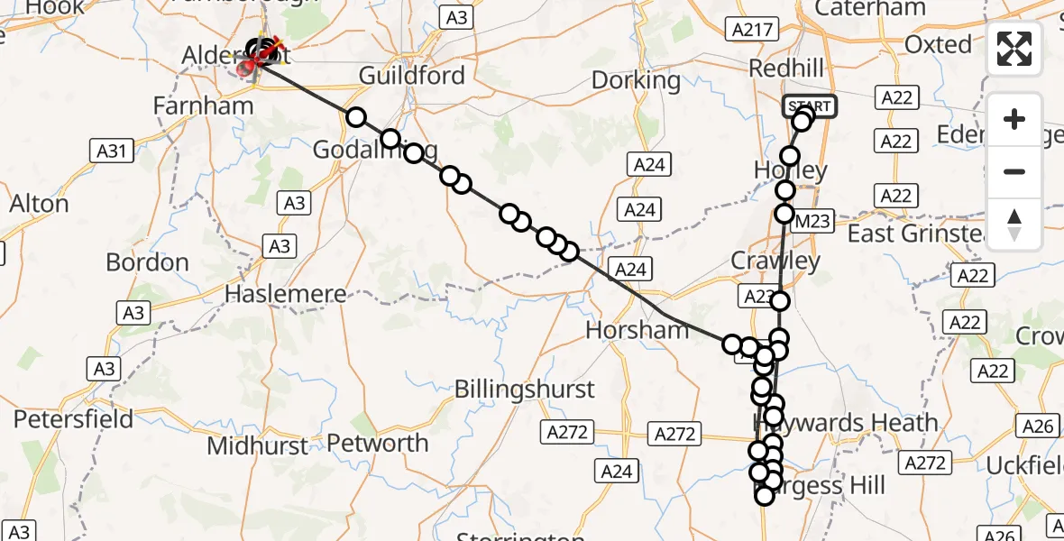Flight route Air Ambulance Helicopter Redhill Aerodrome - Guildford, 24 October 2026, 11:04
