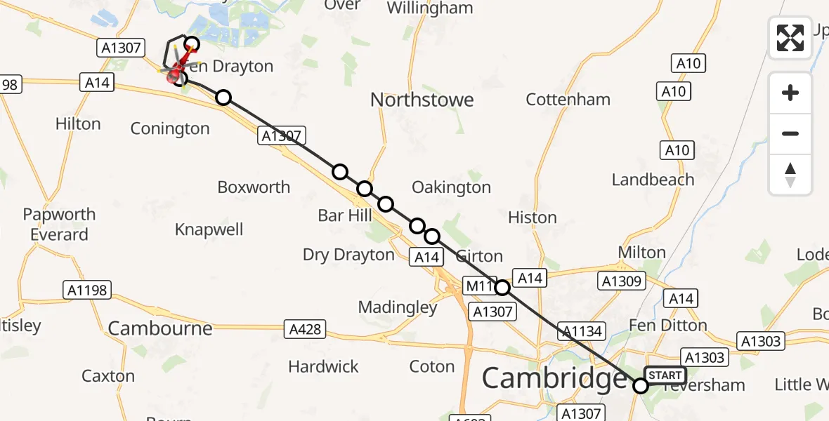 Flight route Air Ambulance Helicopter Cambridge City Airport - Fenstanton, 24 October 2026, 11:10