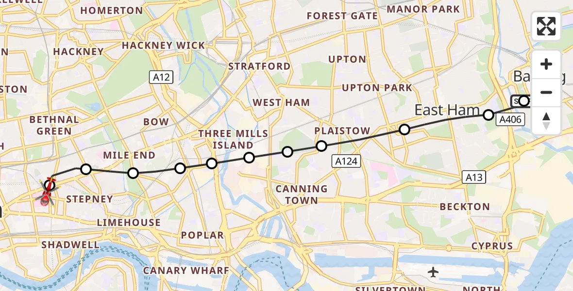 Flight route Air Ambulance Helicopter Barking - Royal London Hospital, 24 October 2026, 11:14