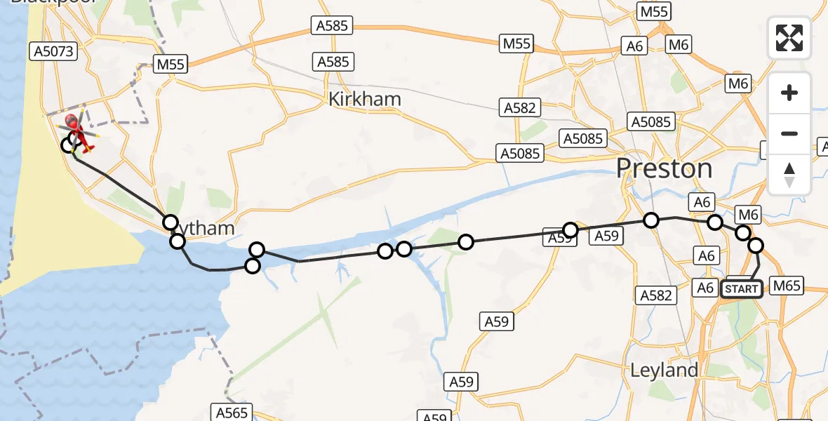 Flight route Air Ambulance Helicopter Bamber Bridge - Blackpool Airport, 24 October 2026, 11:16