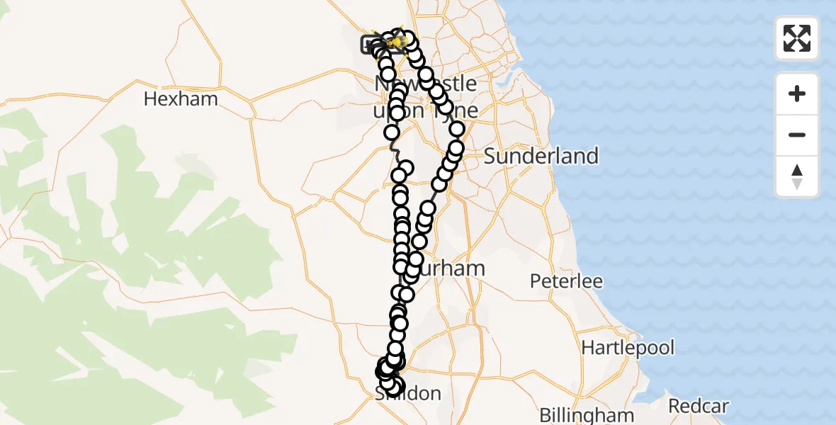 Flight route Police Helicopter Newcastle International Airport - Woolsington, 24 October 2026, 11:28