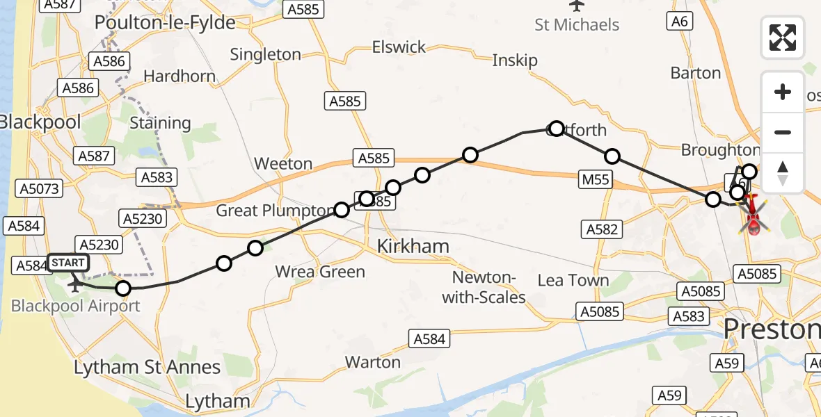 Flight route Air Ambulance Helicopter Blackpool Airport - Preston, 24 October 2026, 11:35