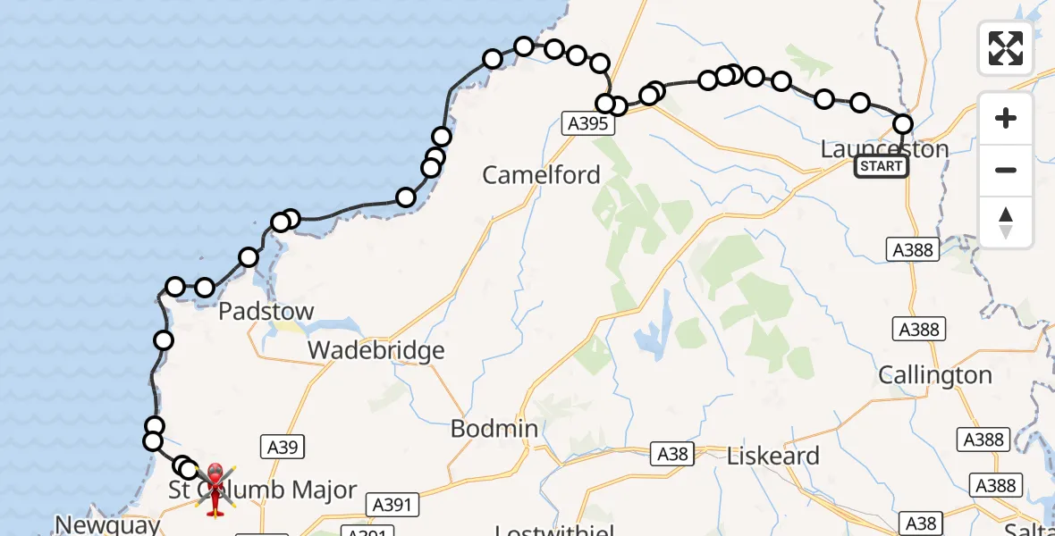 Flight route Air Ambulance Helicopter Launceston - Cornwall Airport Newquay, 24 October 2026, 11:52