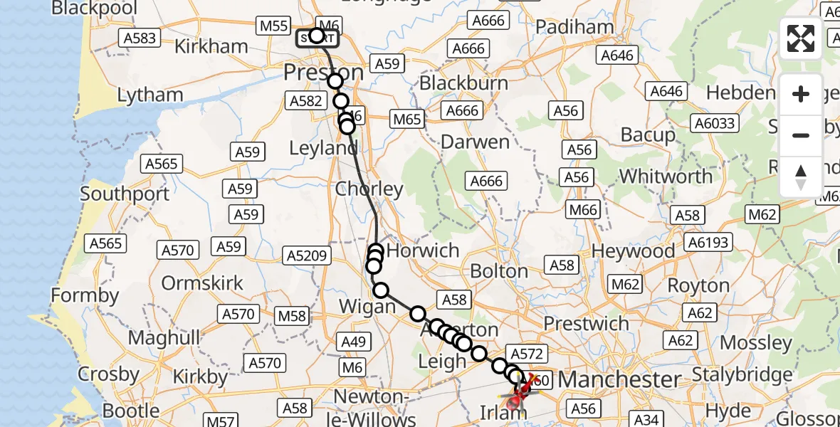 Flight route Air Ambulance Helicopter Royal Preston - Manchester Barton Aerodrome, 24 October 2026, 12:04