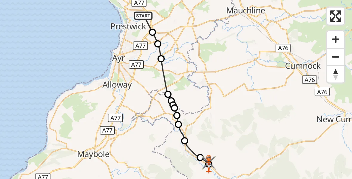 Flight route Coastguard Helicopter Glasgow Prestwick Airport - Dalmellington, 24 October 2026, 12:07