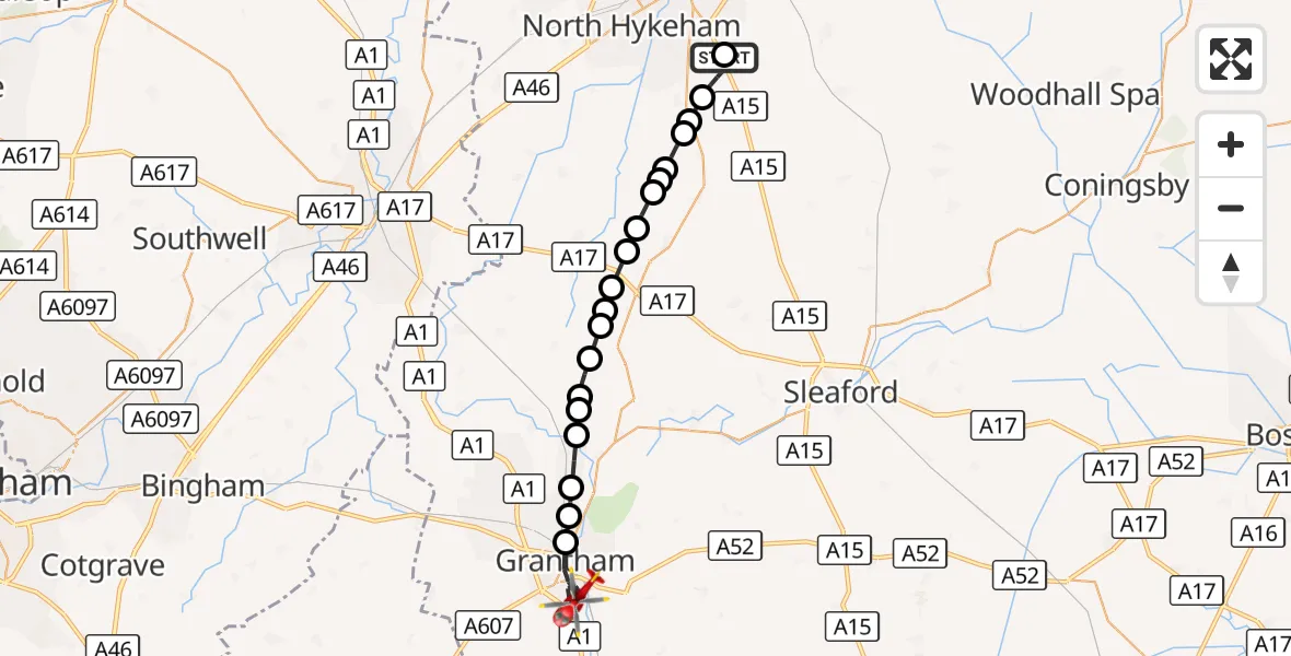 Flight route Air Ambulance Helicopter RAF Waddington - Grantham, 24 October 2026, 12:15