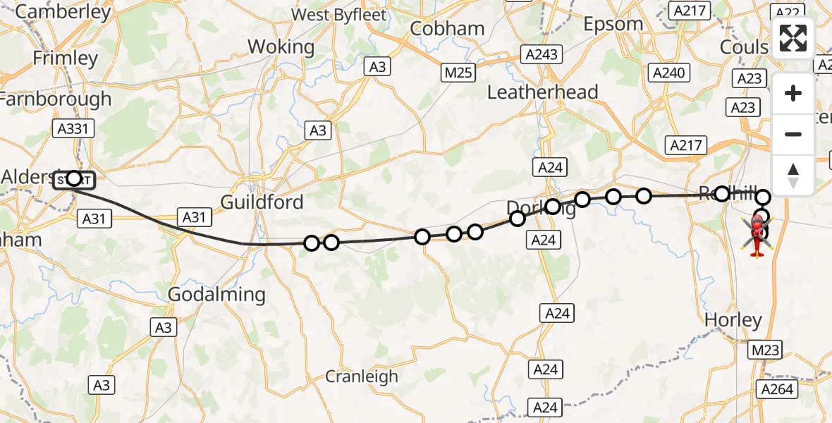 Flight route Air Ambulance Helicopter Aldershot - Redhill Aerodrome, 24 October 2026, 12:16