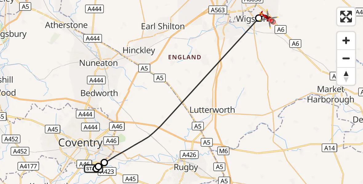 Flight route Air Ambulance Helicopter Coventry Airport - Oadby, 24 October 2026, 12:23
