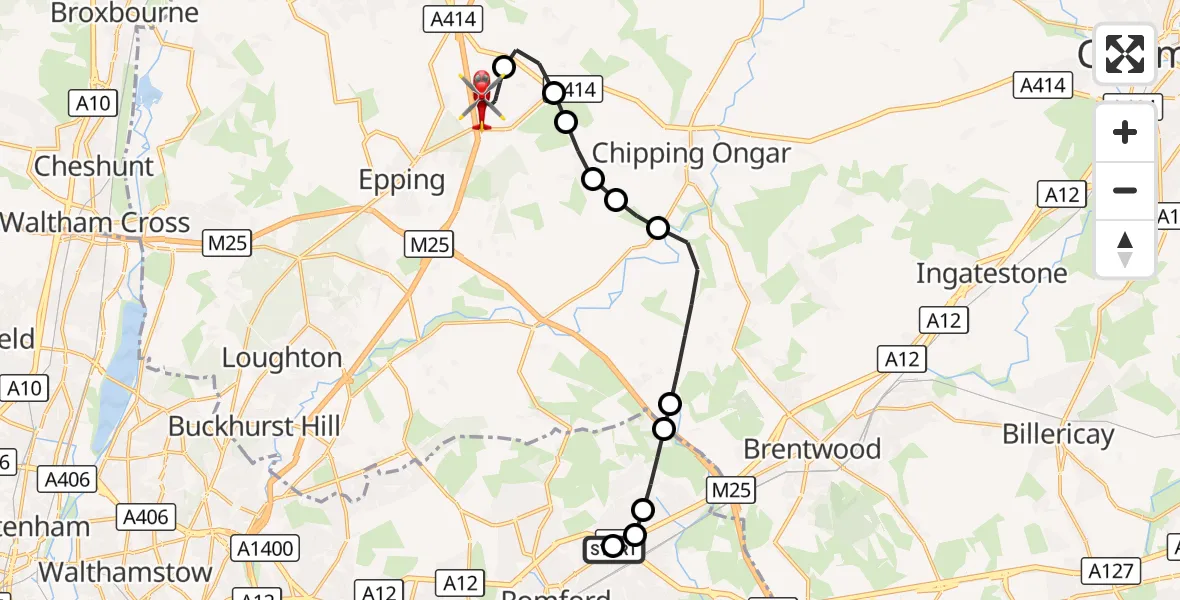 Flight route Air Ambulance Helicopter Gidea Park - North Weald Airfield, 24 October 2026, 12:25