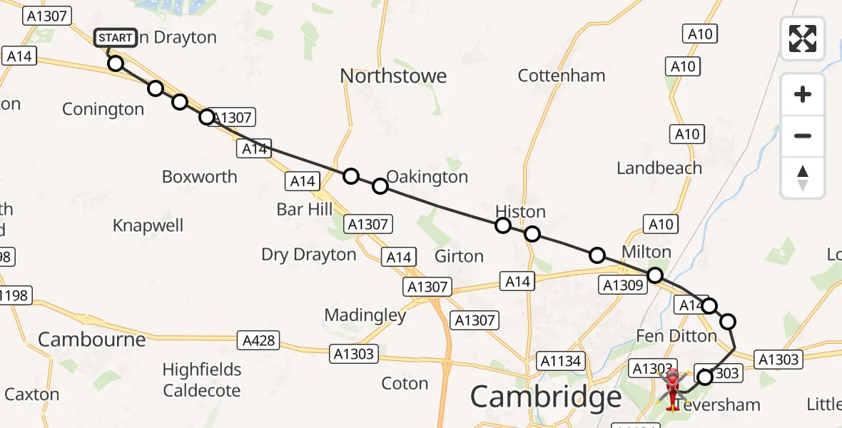 Flight route Air Ambulance Helicopter Fenstanton - Cambridge City Airport, 24 October 2026, 12:26