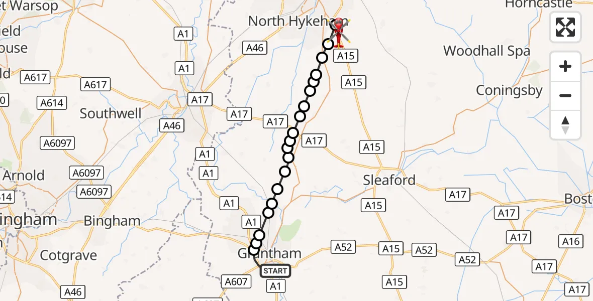 Flight route Air Ambulance Helicopter Grantham - North Kesteven, 24 October 2026, 13:15