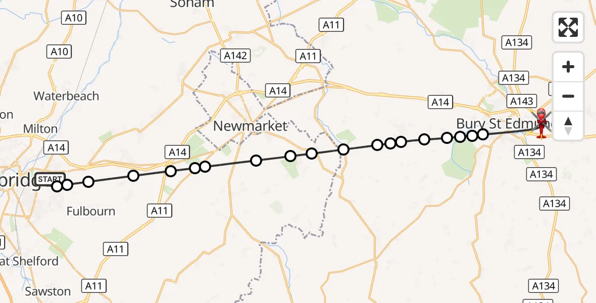 Flight route Air Ambulance Helicopter Cambridge City Airport - Bury St Edmunds, 24 October 2026, 13:41