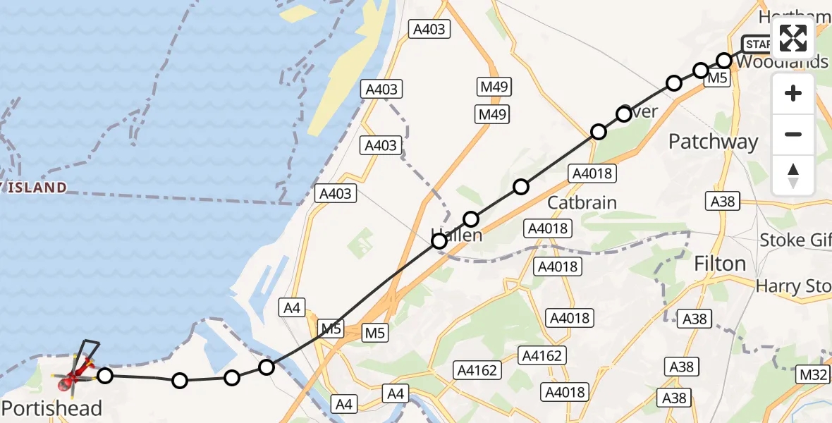 Flight route Air Ambulance Helicopter Almondsbury Helicopter Base - Portishead, 24 October 2026, 13:43