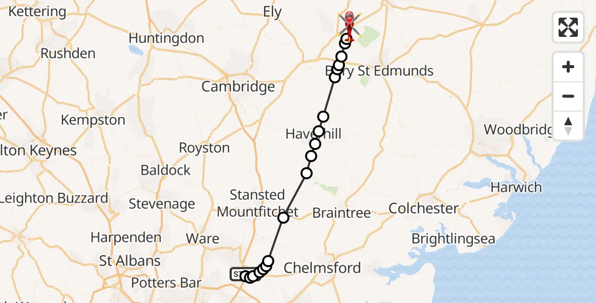 Flight route Air Ambulance Helicopter North Weald Airfield - Icklingham, 24 October 2026, 14:02