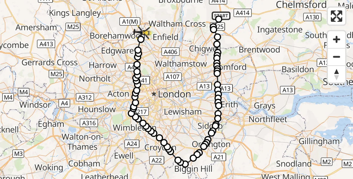 Flight route Police Helicopter Coopersale - Hadley Wood, 24 October 2026, 14:10