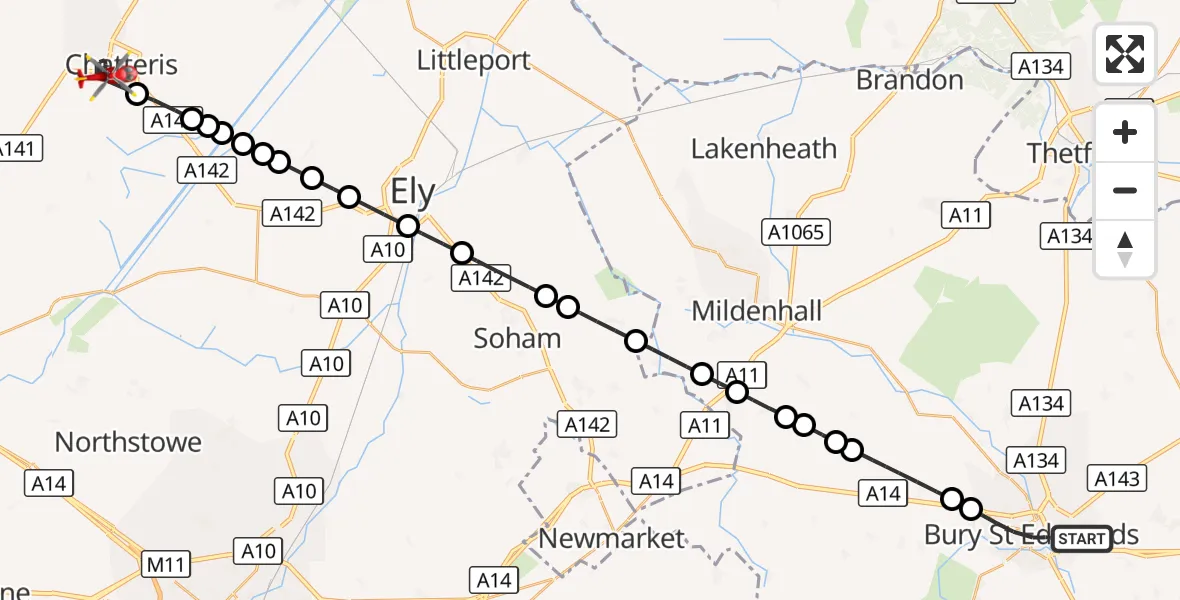 Flight route Air Ambulance Helicopter Bury St Edmunds - Chatteris, 24 October 2026, 14:32