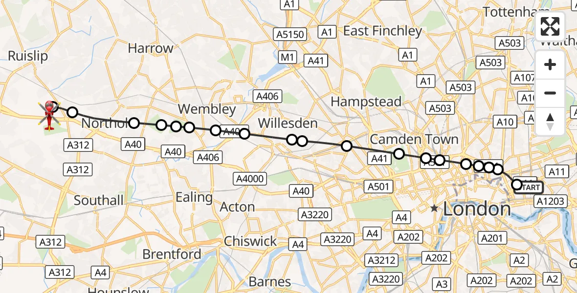 Flight route Air Ambulance Helicopter Royal London Hospital - RAF Northolt, 24 October 2026, 14:35