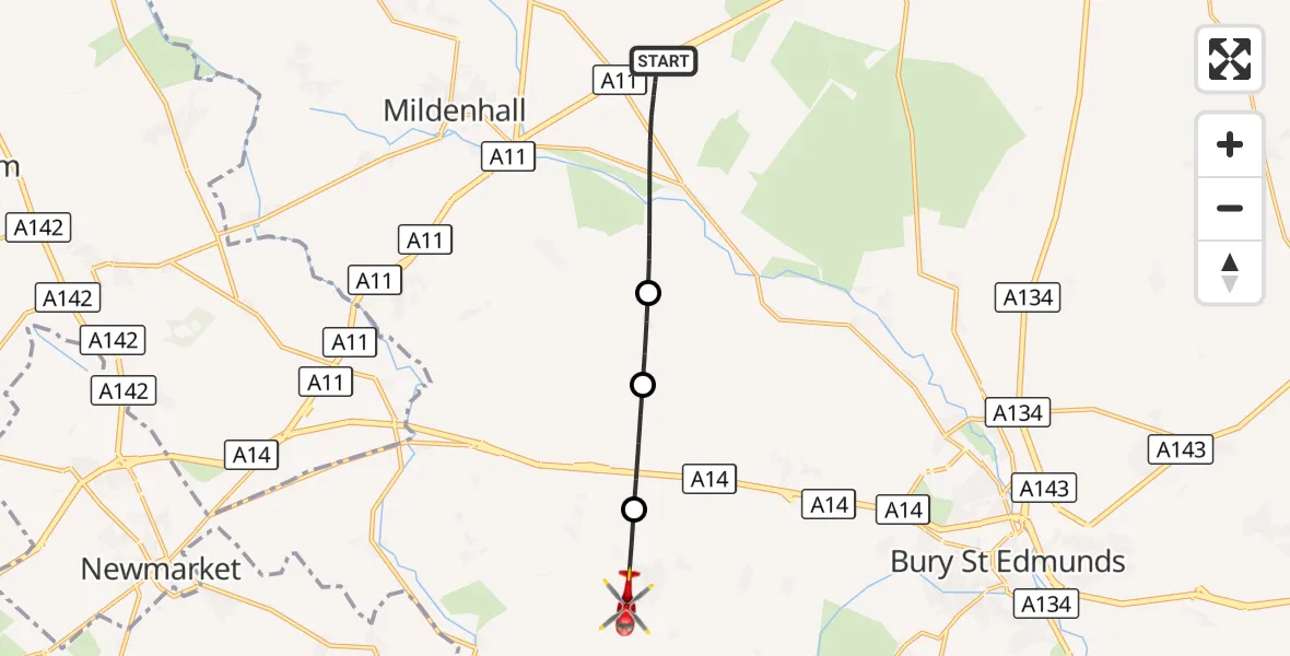 Flight route Air Ambulance Helicopter Icklingham - Barrow, 24 October 2026, 14:43