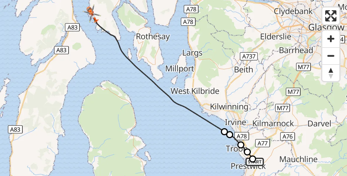 Flight route Coastguard Helicopter Glasgow Prestwick Airport - Inner Seas, 24 October 2026, 15:53