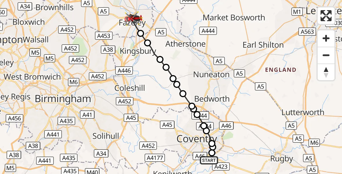 Flight route Air Ambulance Helicopter Coventry Airport - Tamworth, 24 October 2026, 15:58