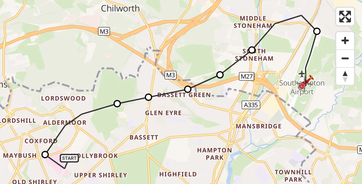 Flight route Air Ambulance Helicopter University Hospital Southampton - Southampton Airport, 24 October 2026, 16:25