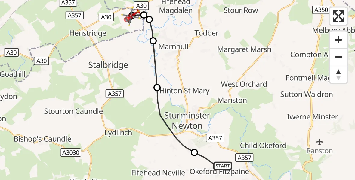 Flight route Air Ambulance Helicopter Okeford Fitzpaine - Henstridge Airfield, 24 October 2026, 16:31