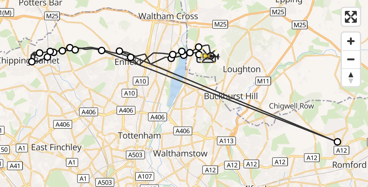 Flight route Police Helicopter Metropolitan Police Air Support Unit Lippitts Hill - Sewardstonebury, 24 October 2026, 16:40