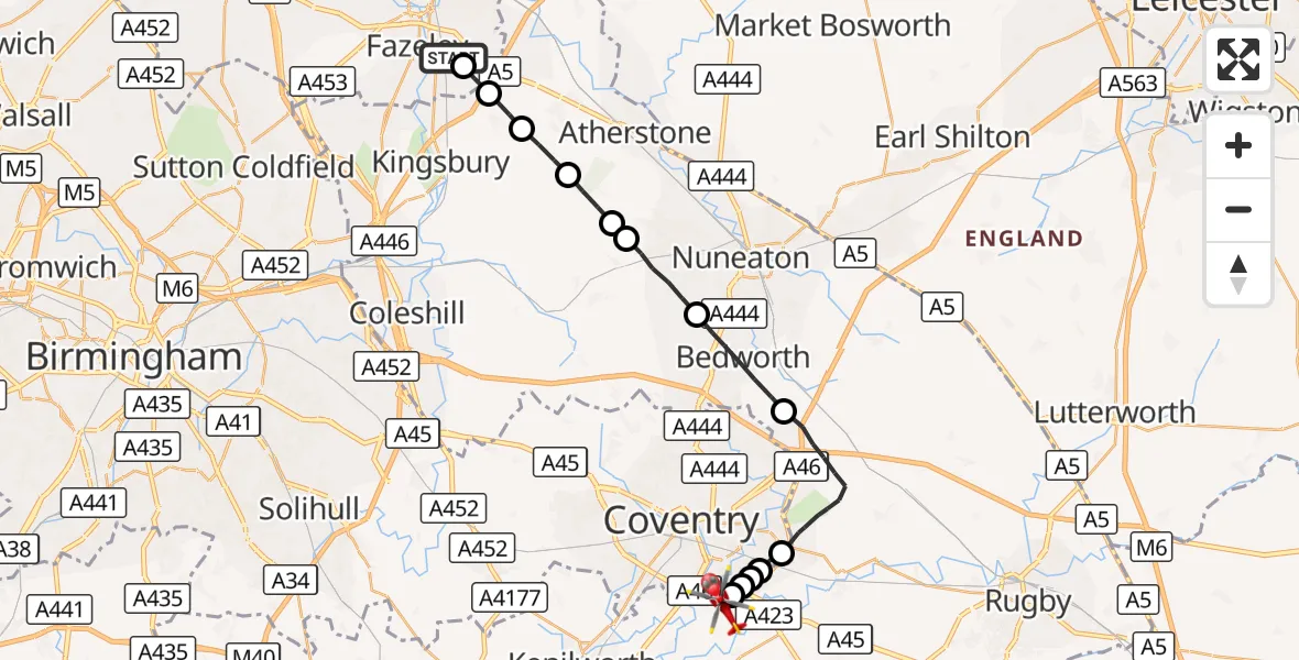 Flight route Air Ambulance Helicopter Tamworth - Coventry Airport, 24 October 2026, 16:54