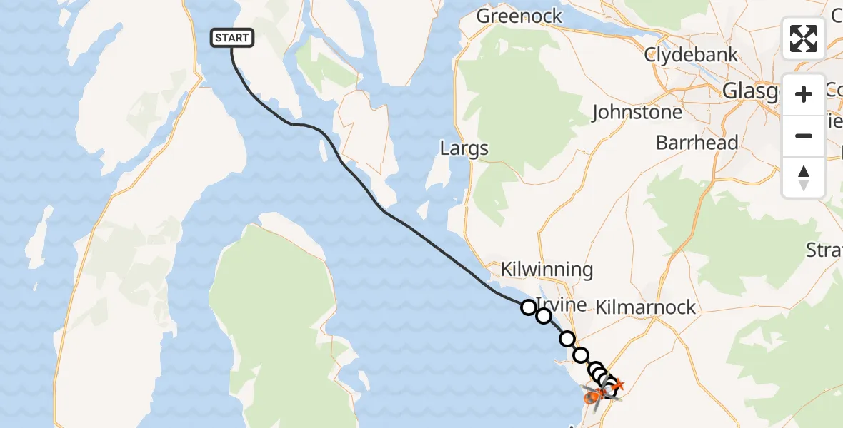 Flight route Coastguard Helicopter Inner Seas - Glasgow Prestwick Airport, 24 October 2026, 17:02
