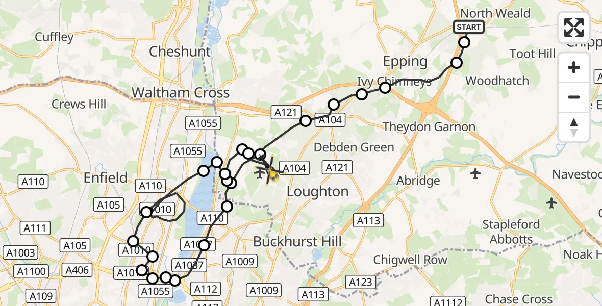 Flight route Police Helicopter North Weald Airfield - Sewardstonebury, 24 October 2026, 22:02