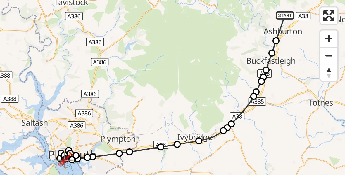 Flight route Air Ambulance Helicopter Ashburton - Plymouth, 24 October 2026, 23:33