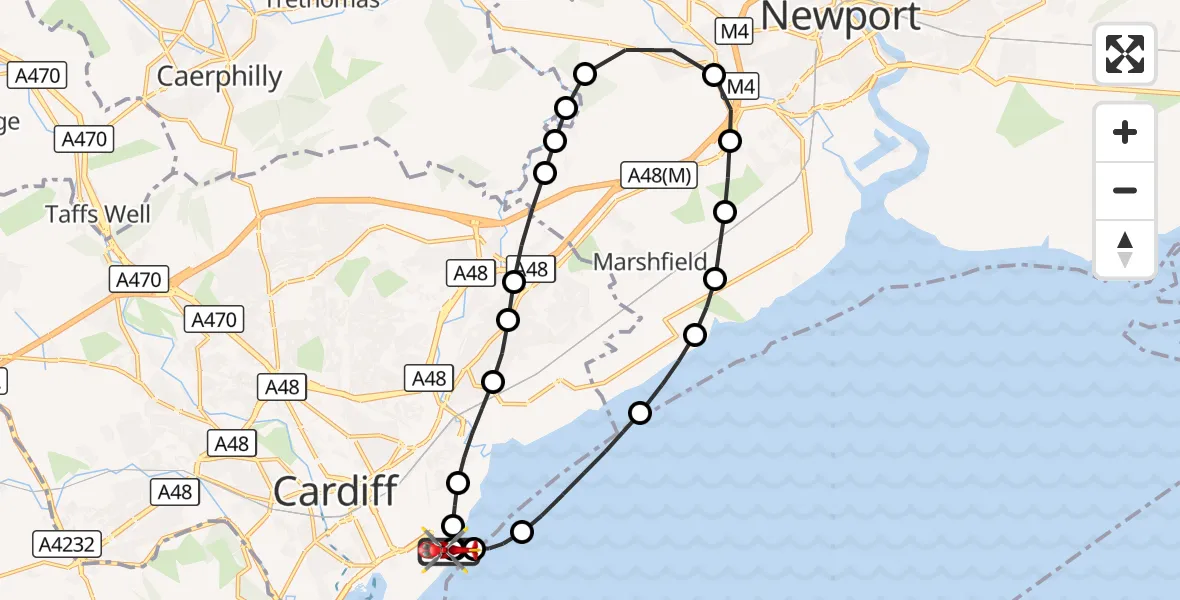 Flight route Air Ambulance Helicopter Cardiff Heliport - Cardiff Heliport, 24 October 2026, 23:54