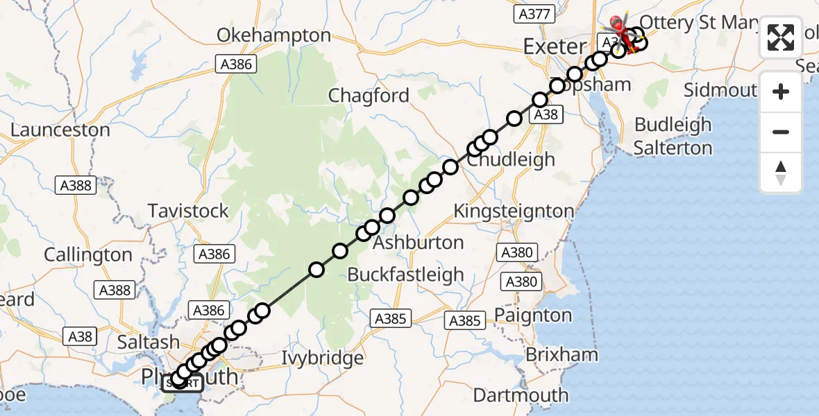 Flight route Air Ambulance Helicopter Plymouth - Exeter International Airport, 25 October 2026, 00:56