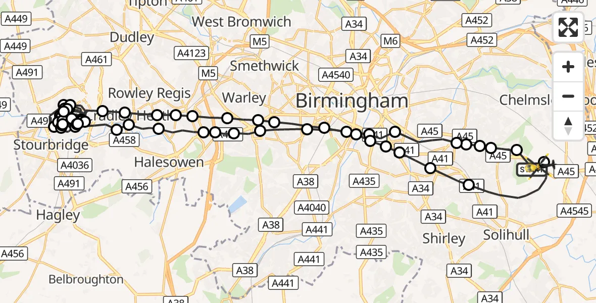 Flight route Police Helicopter Birmingham Airport - Solihull, 25 October 2026, 04:14