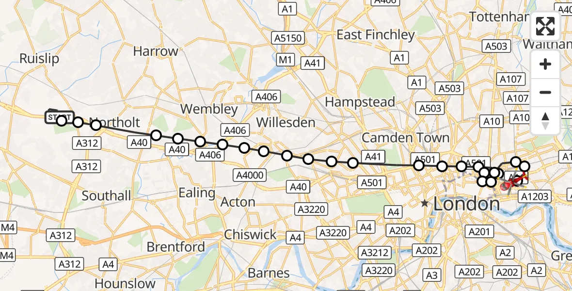 Flight route Air Ambulance Helicopter RAF Northolt - Royal London Hospital, 25 October 2026, 07:57