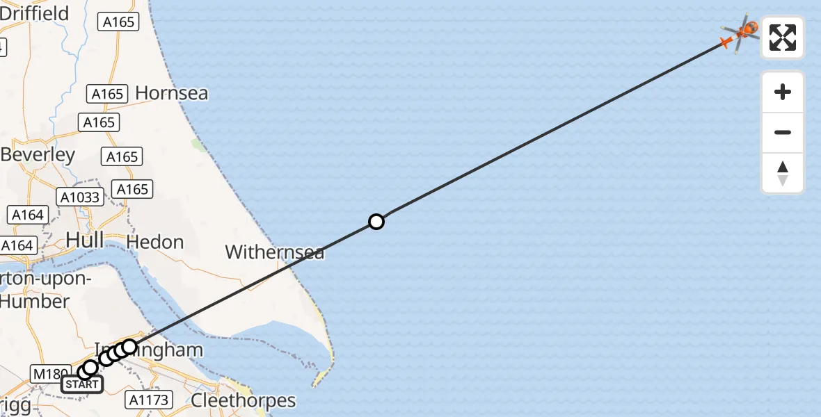 Flight route Coastguard Helicopter Humberside Airport - North Sea, 25 October 2026, 08:39