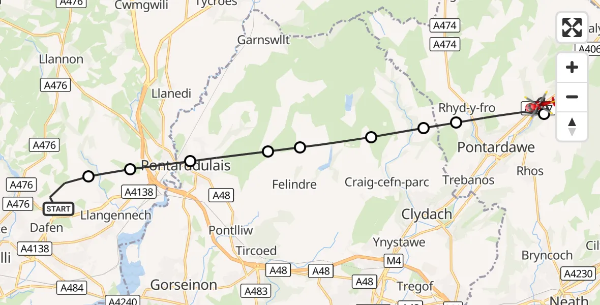 Flight route Air Ambulance Helicopter Dafen - Ystalyfera, 25 October 2026, 08:46