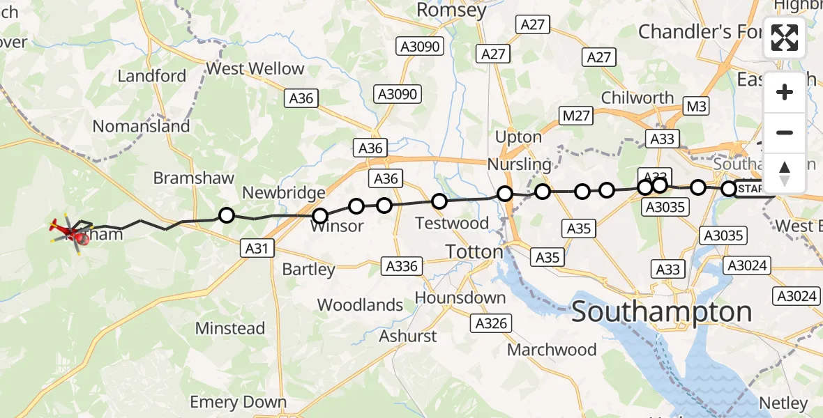 Flight route Air Ambulance Helicopter Southampton Airport - Bramshaw, 25 October 2026, 08:57