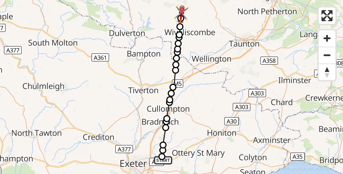 Flight route Air Ambulance Helicopter Exeter International Airport - Wiveliscombe, 25 October 2026, 09:16