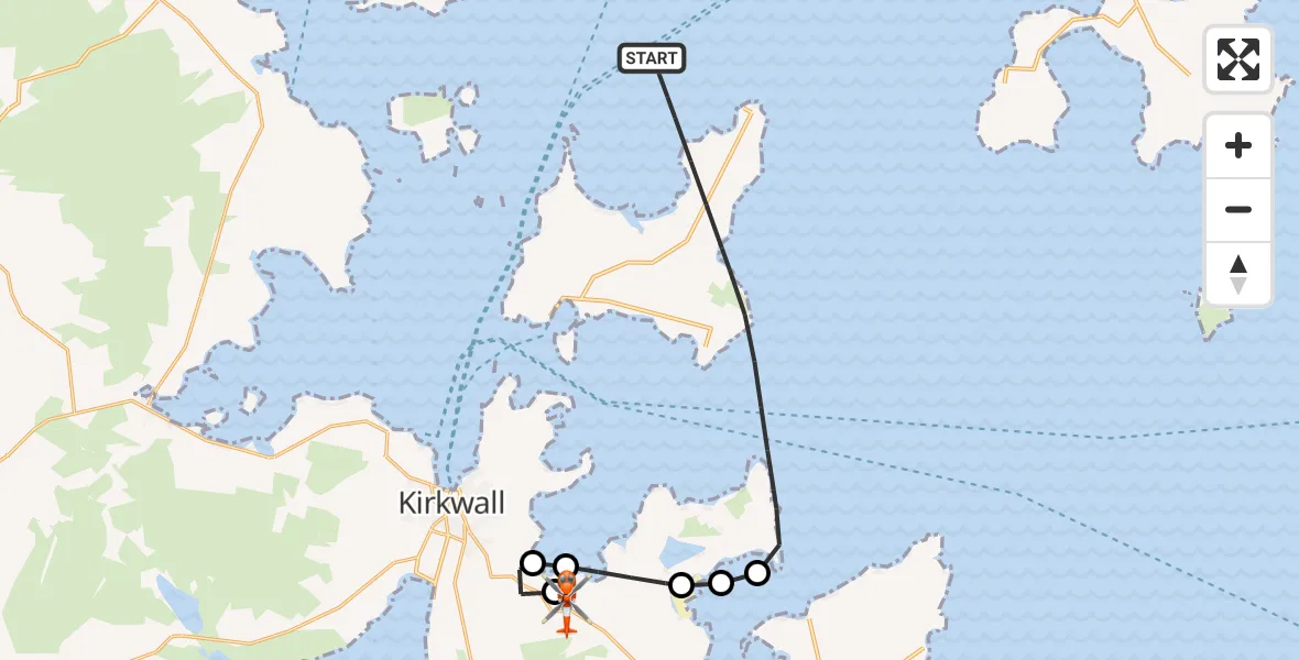 Flight route Coastguard Helicopter North Atlantic Ocean - Kirkwall Airport, 25 October 2026, 09:19