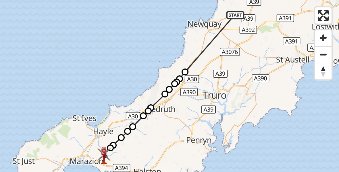 Flight route Air Ambulance Helicopter Cornwall Airport Newquay - Relubbus, 25 October 2026, 09:29